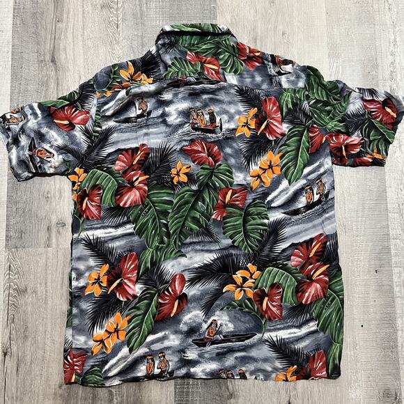 VTG Kennington Canoeing Hula Girls Gray Loop Collar Hawaiian Rayon Button Shirt - Picture 2 of 6